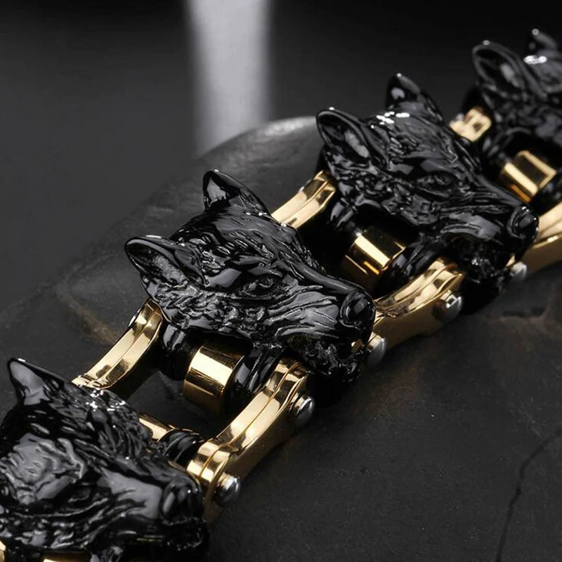 21mm Punk Gold Color Viking Wolf Bracelet Men Hiphop Black Stainless Steel Bicycle Bike Biker Chain Lion Head Bracelets Jewelry image 2