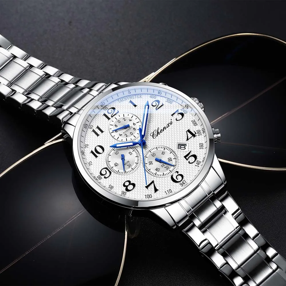 CHENXI Arabic Numeral Multifunction Men's Quartz Watch Real Three-Eye Six-Needle Calendar Chronograph Stainless Steel Male watch