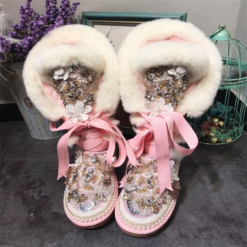 Pink custom high tube lace-up natural rabbit hair snow boots Rhine diamond women\'s fur one large size cotton shoes 35-44