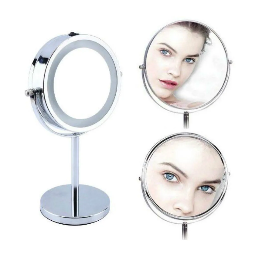 Double Side Desktop Mirror LED Lighted 5x Magnifying Stand Cosmetic Mirror