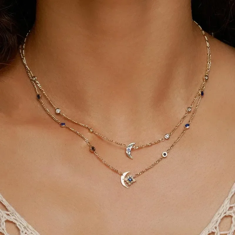 New Stainless Steel Starand Moon Sapphire Necklace Women\'s Retro Geometric Gold Plated Zircon Necklace Party Jewelry