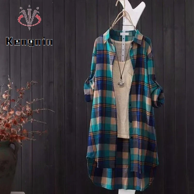 2024 Spring Autumn New Women Blouse and Shirts Print Plaid Loose Plus Size Suncreen Blause Casual Female Mid-Long Tops K109