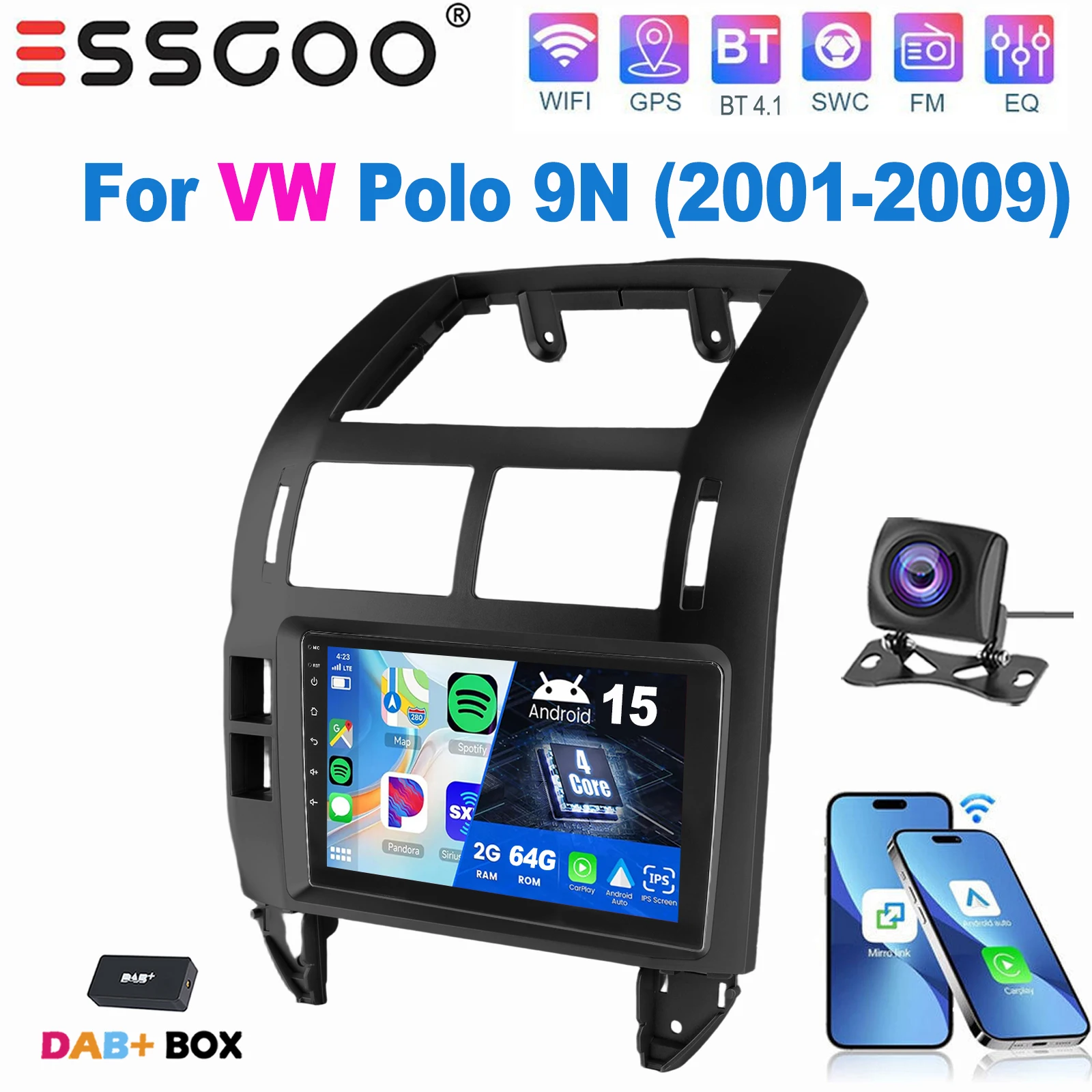 ESSGOO 9 Inch IPS Touchscreen Voor VW Polo 9N 2001-2009 Autoradio Apple Carplay Android Auto GPS Navigatie WIFI FM Stuurwielbediening RDS Android 15 Mirror Link Bluetooth ASP Geluid Split Screen