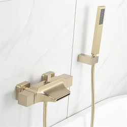 Brushed Gold Set Wall Mounted Gold Waterfall Bathtub Faucet, Cold and Hot Bath and Shower Mixer Tap Brass