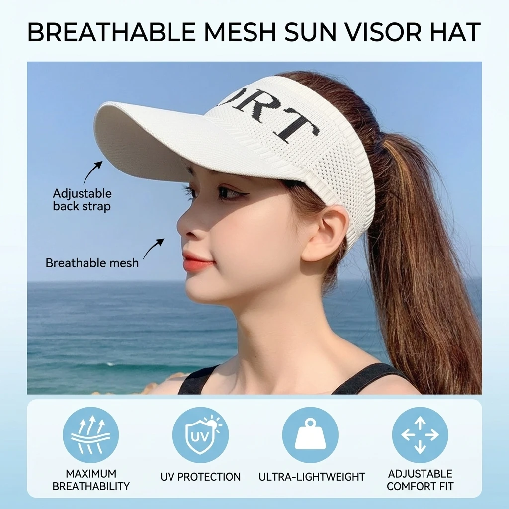 Women's UV Protect Sun Visor Hat Empty Top Baseball Cap Breathable Mesh Lightweight Sports Headwear with Adjustable Strap for