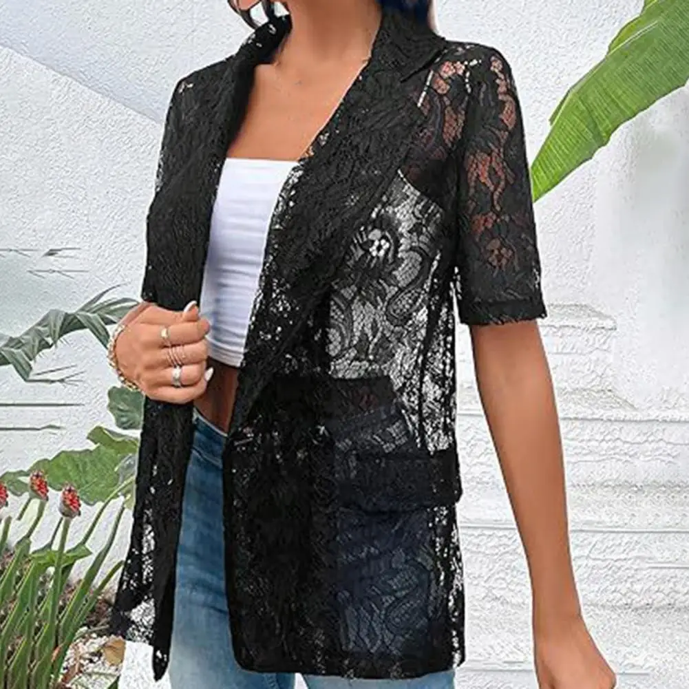 Sexy See-through Lace Top Elegant Lace Cardigan with Lapel Decorative Pockets Women's Short Sleeve Suit Coat Featuring