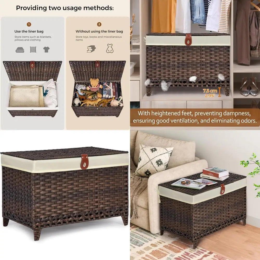

Lidded Wicker Storage Basket, Removable Liner Rattan Shelf Bin, 200L Large Storage Container, Elevated Foot Storage Trunk, Wardr