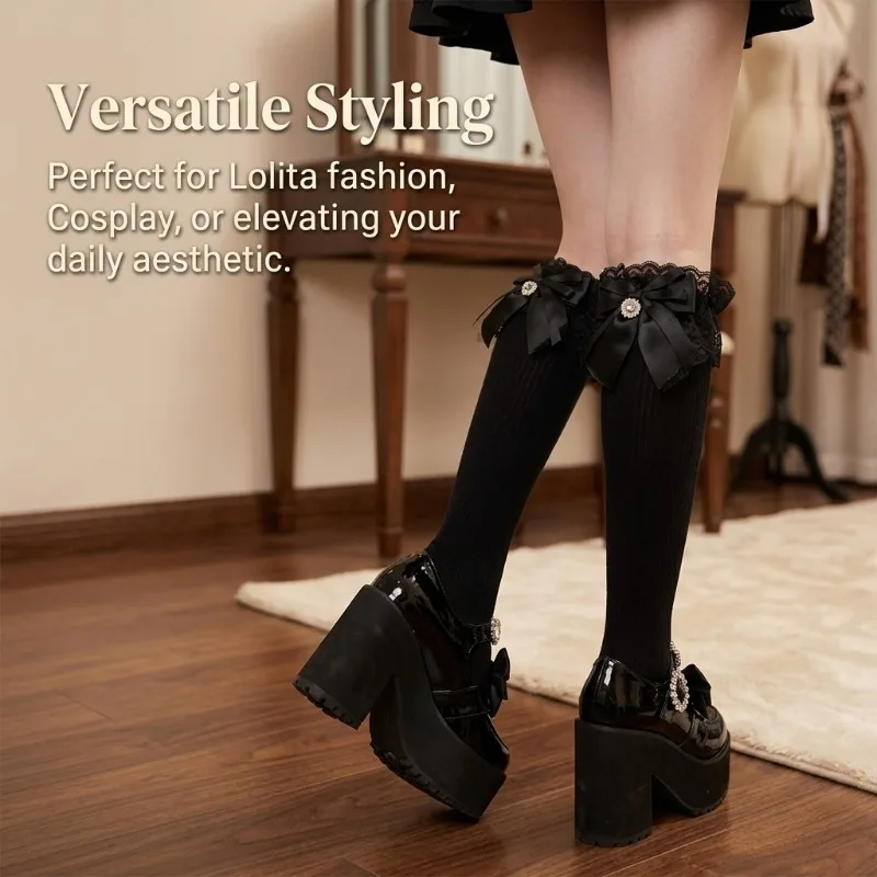 Gerippte kniehohe Damensocken mit Spitze und Schleife, elegante Baumwoll-Wadensocken, weiche, atmungsaktive Freizeitsocken für Lolita, Alltagskleidung, Geschenk