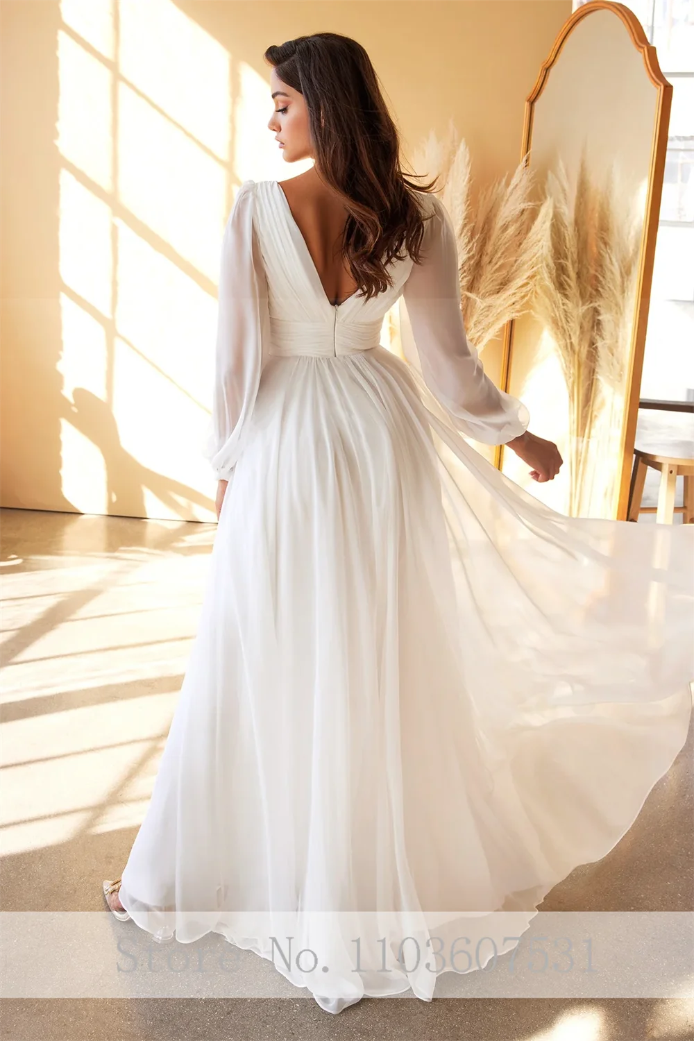 Classic Long Sleeve Chiffon V-neck Wedding Dress for Women Backless A-line Court Wedding Party Gown Bridal robe de mariée