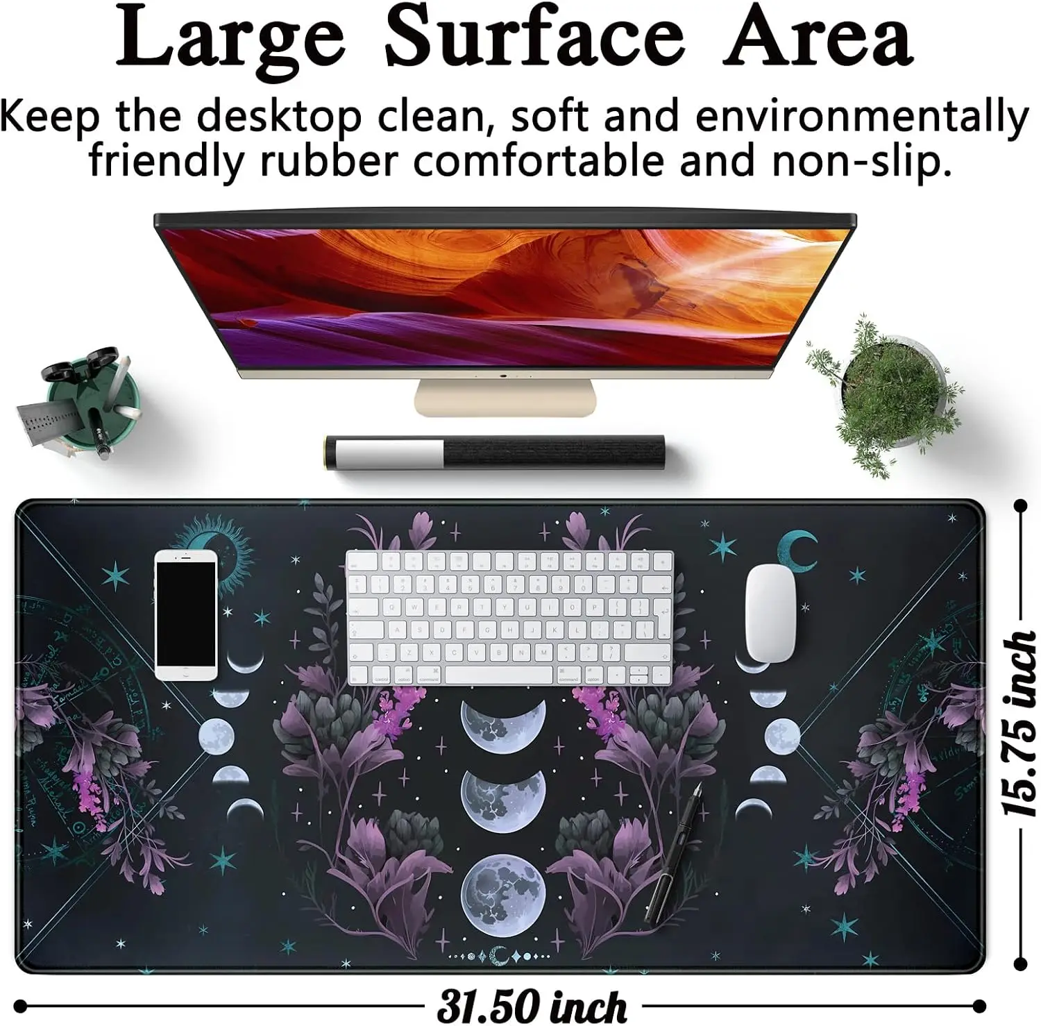 Witchy Lunar Phase Desk Mouse Pad, Dark Gothic Moon Flower Star Pattern, Large Keyboard Mat For Gaming Working Desktop Decor