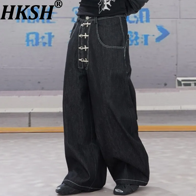 HKSH 2026 Spring Autumn New Men Tide Punk Fashion High Street Design Denim Pants Original Cowhide Buckle Baggy Ins Jeans HK17267