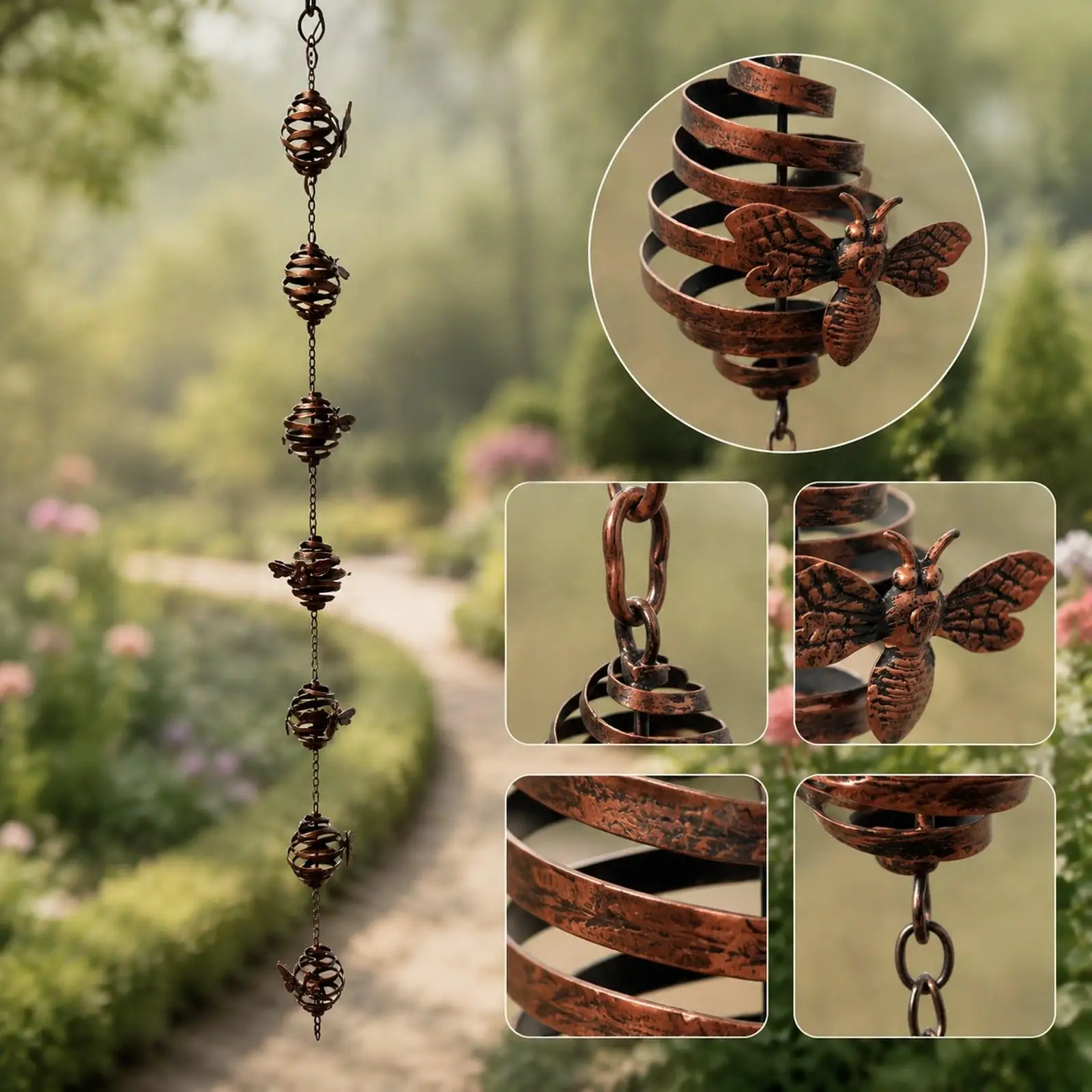 Rain Chain with Bee Spiral Antique Display Heavy Duty Gutter Chain Garden Rainwater Catcher for Outside Awnings Gazebos Drainage