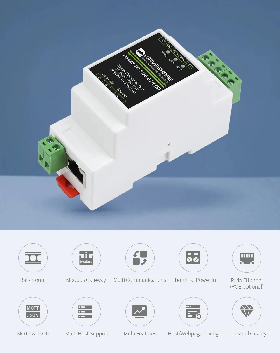 RS485 to ETH (B) Industrial Modbus RS485 Serial Server RS485 to RJ45 Ethernet TCP IP to Serial Rail-Mount POE Function