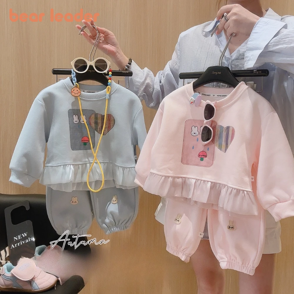 

Bear Leader 2025 Autumn Fashion New Lace Splicing Girls' Clothing Spring Long Sleeve Cartoon Rabbit Love Top+Pants Two Piece Set