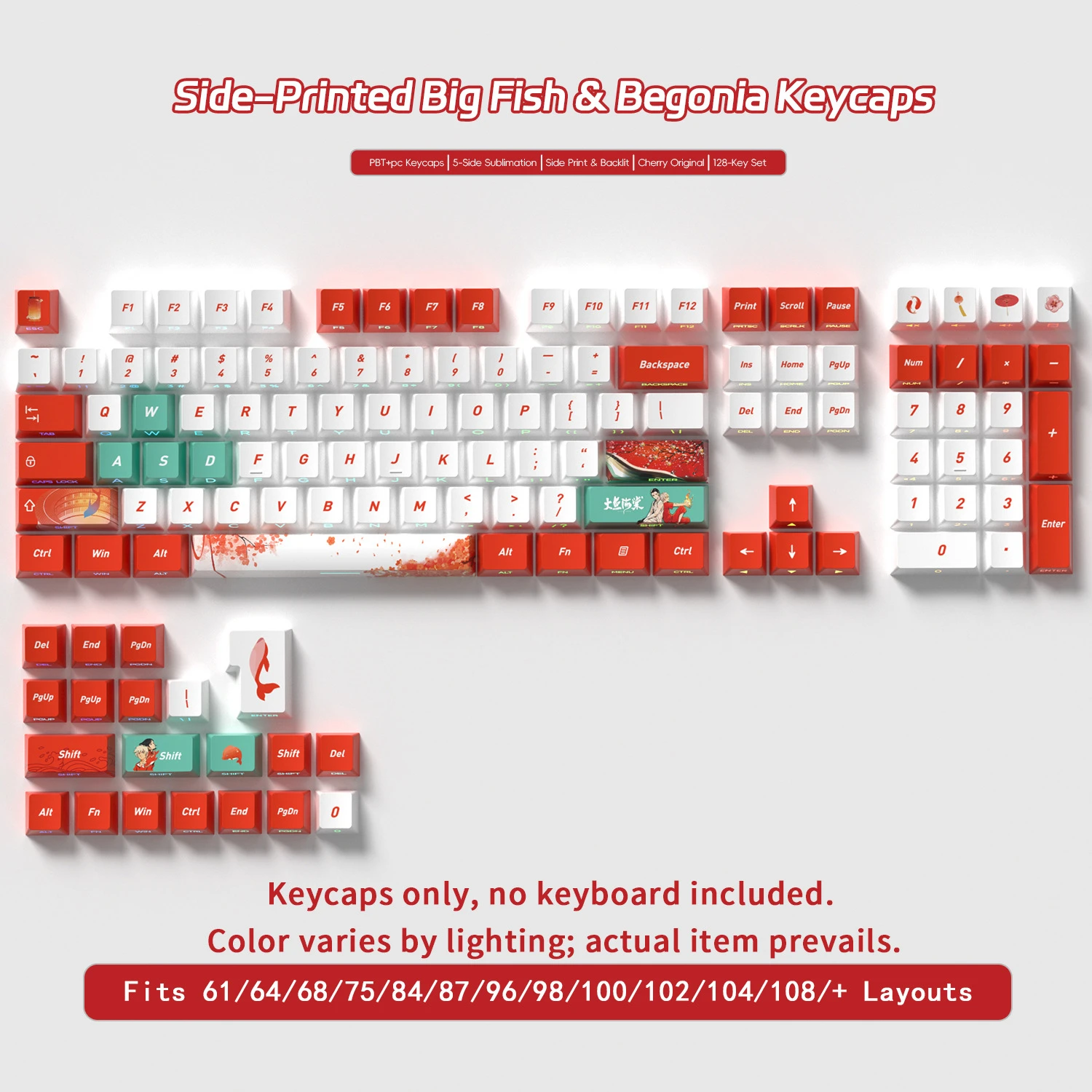 Big Fish Begonia Side Backlight Keycaps 128 Keys PBT Material Cherry Profile For MX Switch Mechanical Keyboard ISO ANSI Layout