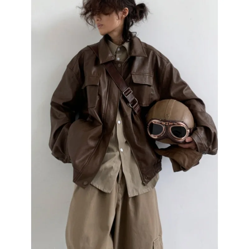 

Spring Autumn Japanese-style Retro Cool PU Motorcycle Leather Jacket Male Female Students Maillard Neutral Brown Leather Jacket