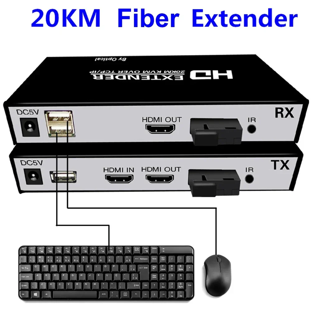 

20Km HDMI Fiber Optic USB KVM Extender Video Transmitter Receiver HDMI Loop Over SC Fiber Cable for PS4 PS5 DVD PC To TV Monitor