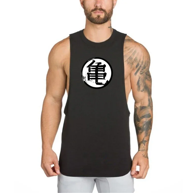 Men's Summer Cotton Gym Sleeveless Running Vest Round Neck Drop Armhole Curved Hem Bodybuilding Workout Tank Top Sport Shirt