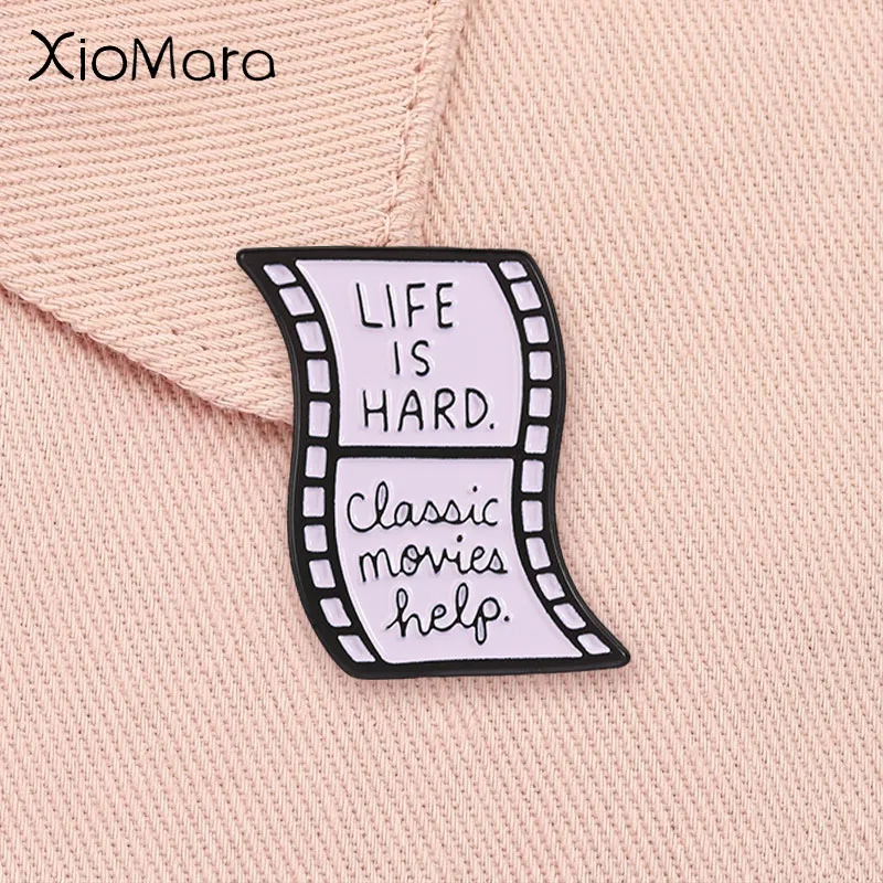 Life is Hard Classic Movies Help Enamel Badge Retro Curved Film Strip Movie Lover Pin Lapel Backpack Decor Brooch Jewelry Gift