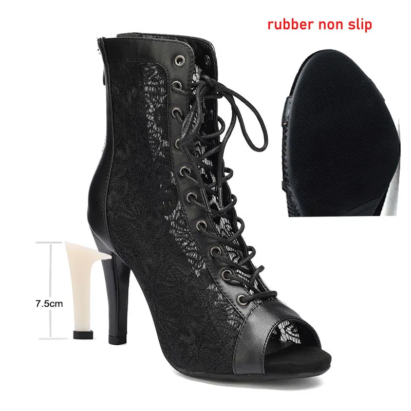 Ballroom Dance Shoes Woman Lace-up Fish Mouth Dance Sandals Women Summer Stiletto Short Boots Latin Jazz Dance High Heels