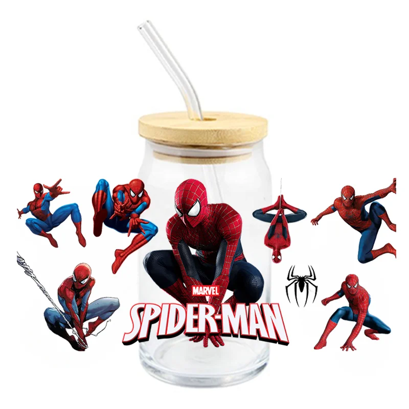 Marvel Spiderman Cup Stickers Superhero UV DTF Waterproof Transfers Decals16oz Libby Glass Design Cup Wraps Stickers Kids Gifts