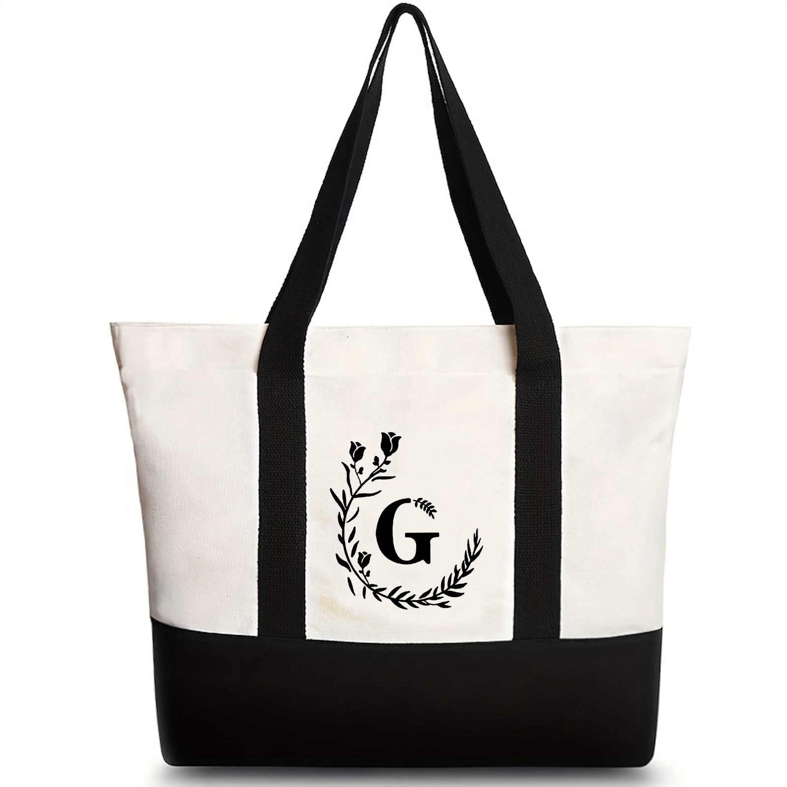 Black wheat ear gradient black letter printed canvas beach bag, fashionable and trendy handbag, canvas shopping bag