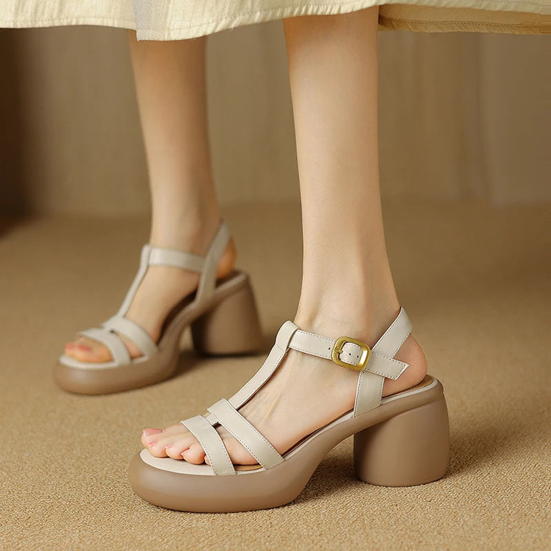 Woman Summer Sandals Thick Platform Shoes T- Strap Cozy Shoes Real Leather Narrow Band Lady Pumps Spring Autumn Sandals