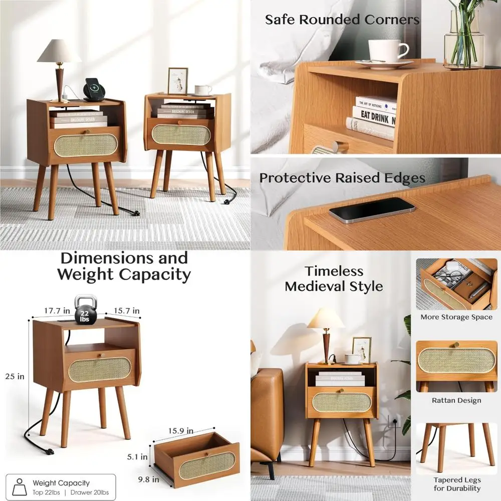 Night Stand Set 2, Mid Century Modern Nightstands, Wooden Rattan Bedside Table with Charging Station, Boho End Table with Storag