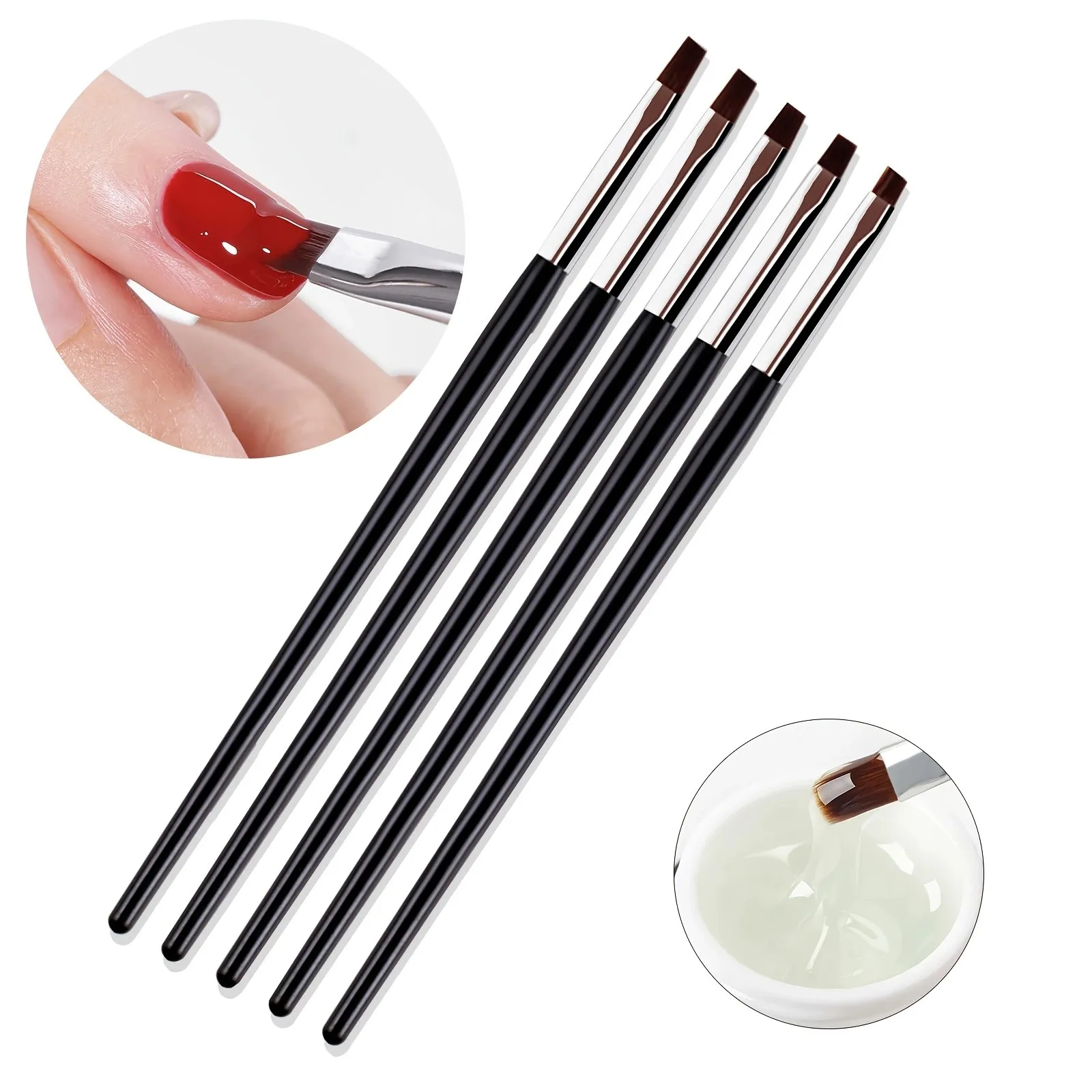 5PCS Nail Art Brush Black Handle Acrylic & UV Gel Extension Pen for DIY Manicure Fine Detailing Floral Designs Nail Accessories