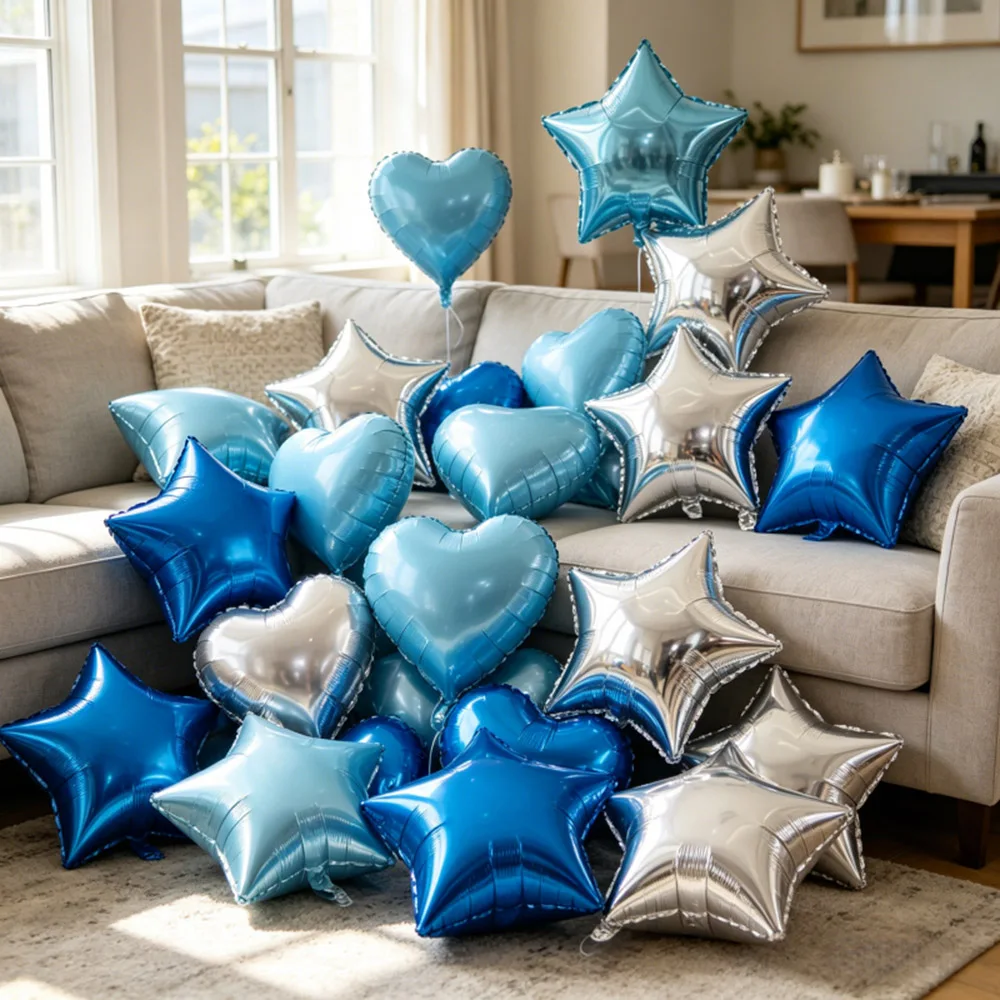 6/12/18 Stück 10 Zoll Blaue Silberne Stern- und Herzförmige Folienballons Geburtstag Hochzeit Babyparty Jubiläum Partydekoration Zubehör – Detail 2