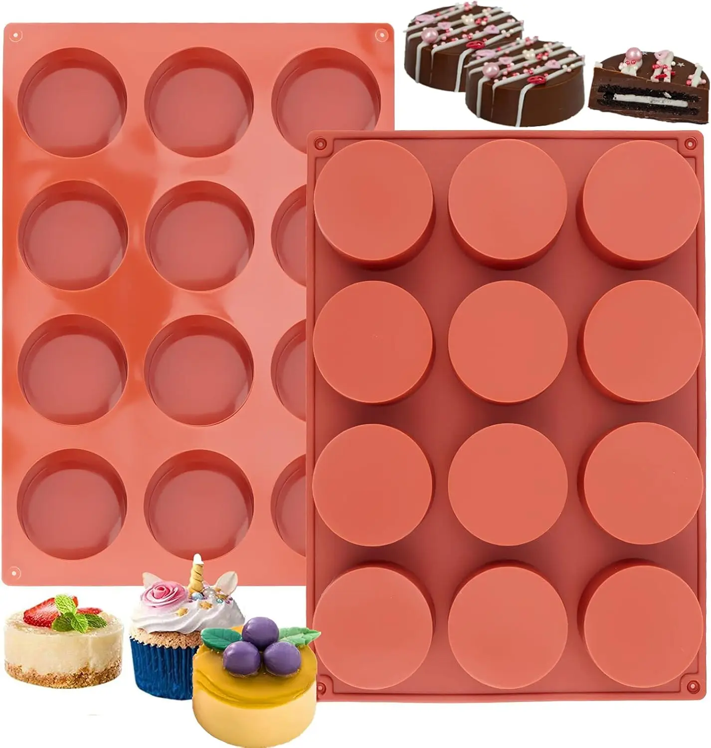 Molde de Silicona de 2 Pulgadas para Galletas Oreo, Mini Pasteles, Dulces, Postres, Gelatina - Juego de 2 Moldes Cilíndricos para Hornear de 24 Cavidades