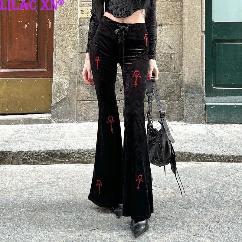 

Lilac XN Y2K Goth Black Velvet Lace-up Flared Pants Gothic Vintage Cross Embroidery Long Trousers Women Autumn Pants Streetwear