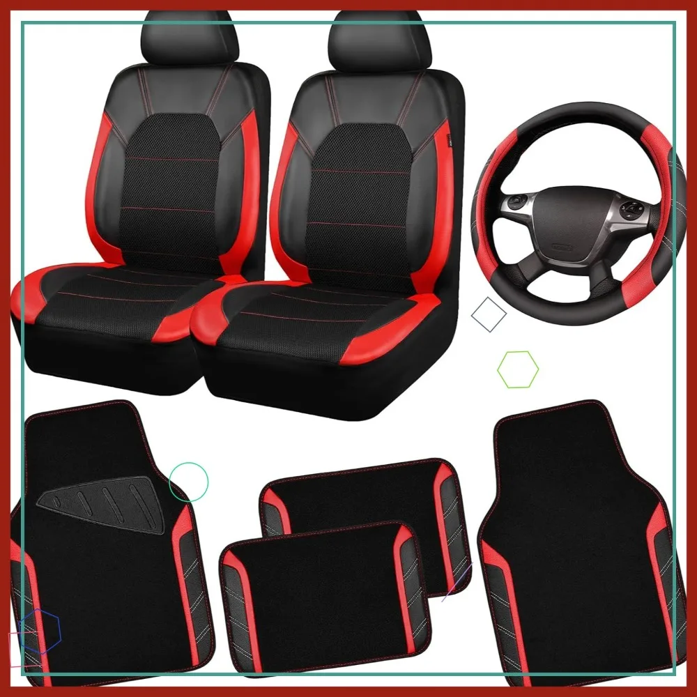 

Universal Car Seat Covers, Waterproof Floor Mats, Sporty Steering Wheel Cover for Most Cars, Trucks & SUVs in Black and Red