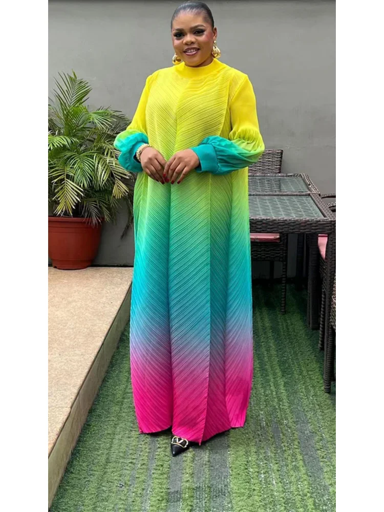 Miyake Pleated Maxi Long Miyake Dress Gradient Color Lantern Sleeves Half Turtleneck Formal Dresses for Women 2024 New