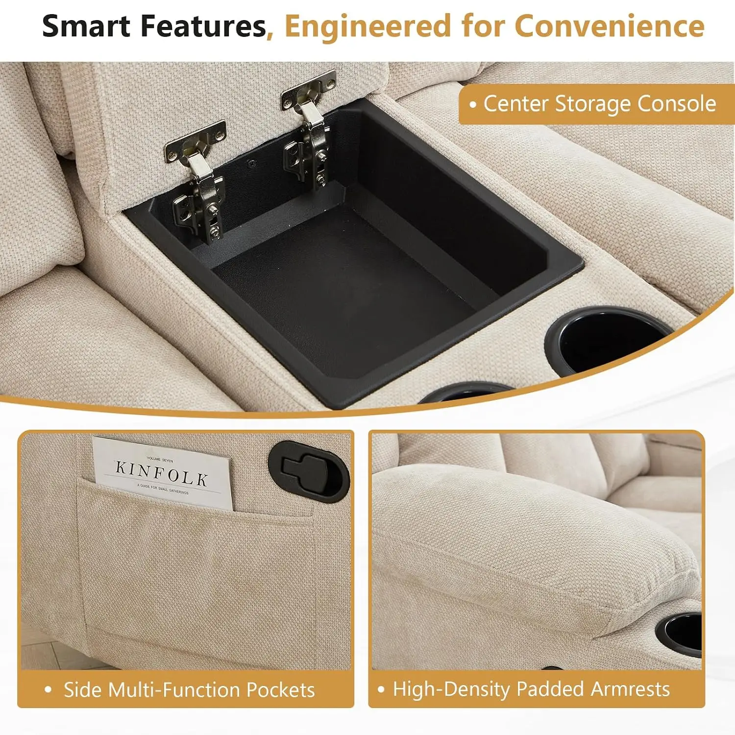 Manual Recliner Sofa Set with Overstuffed Arms, Cup Holders, Side Pocket, 3-Seater & Loveseat, Beige, Customized