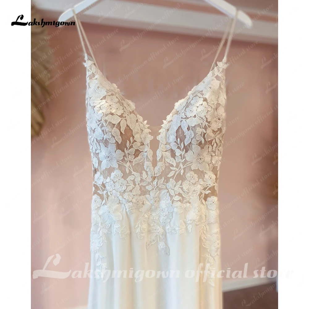 Sexy Strandhochzeitskleid, maßgeschneidert, mit Spaghettiträgern, Robe Mariee, Vintage-Spitzenapplikationen, Bohème-Hochzeitskleider, Vestidos De Nova – Detail 7