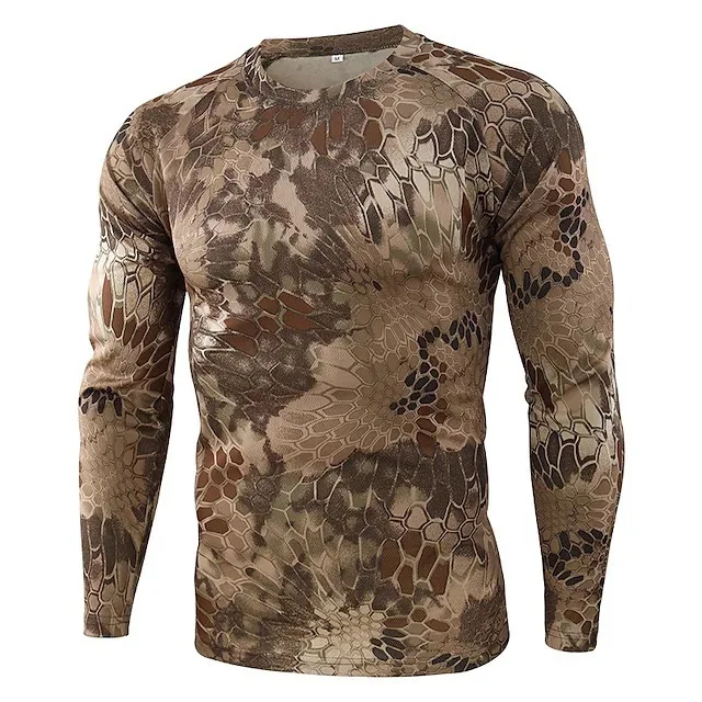 Camiseta de manga larga para hombre, camisa con estampado 3D de camuflaje para deportes al aire libre, Fitness, cuello redondo, ropa para correr