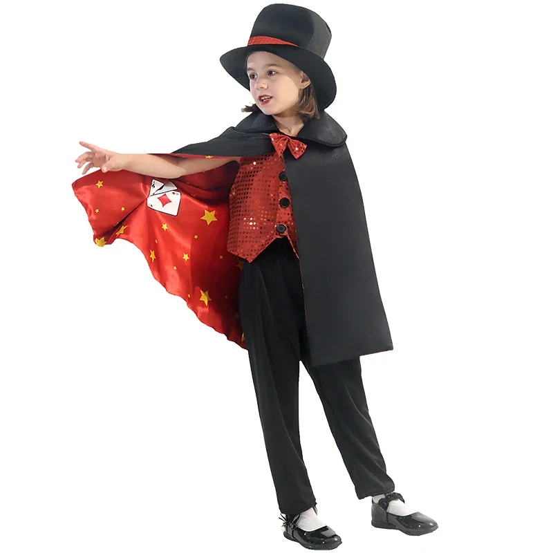 Kids Magician Costume Top with Red Cloak Hat Magician Outfit Magician Pretend Play Dress Up Set for Boy Girls Halloween Props