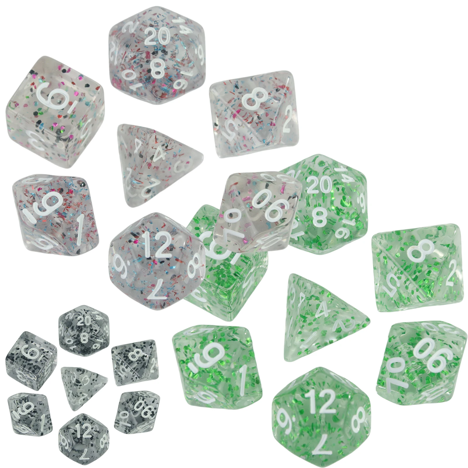 Transparent White Polyhedral Dice Set (7 Pieces) with Embedded Glitter for Gaming Enthusiasts