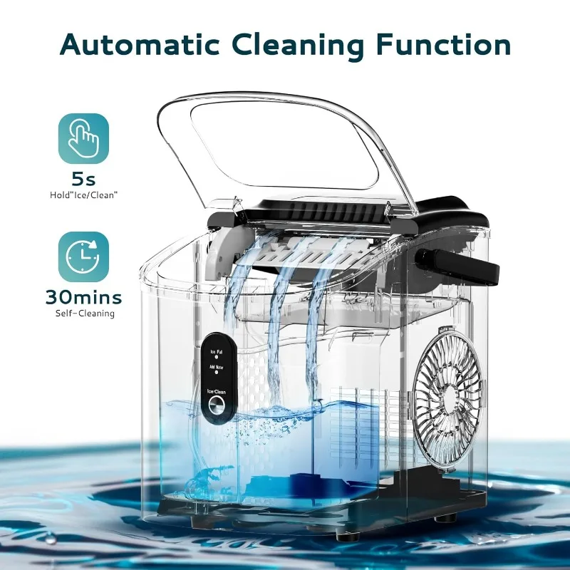 Portable Countertop Ice Maker Machine with Handle, 26.5lbs Per Day, 9 Cubes in 6 Mins, Auto-Cleaning  with Basket and Scoop