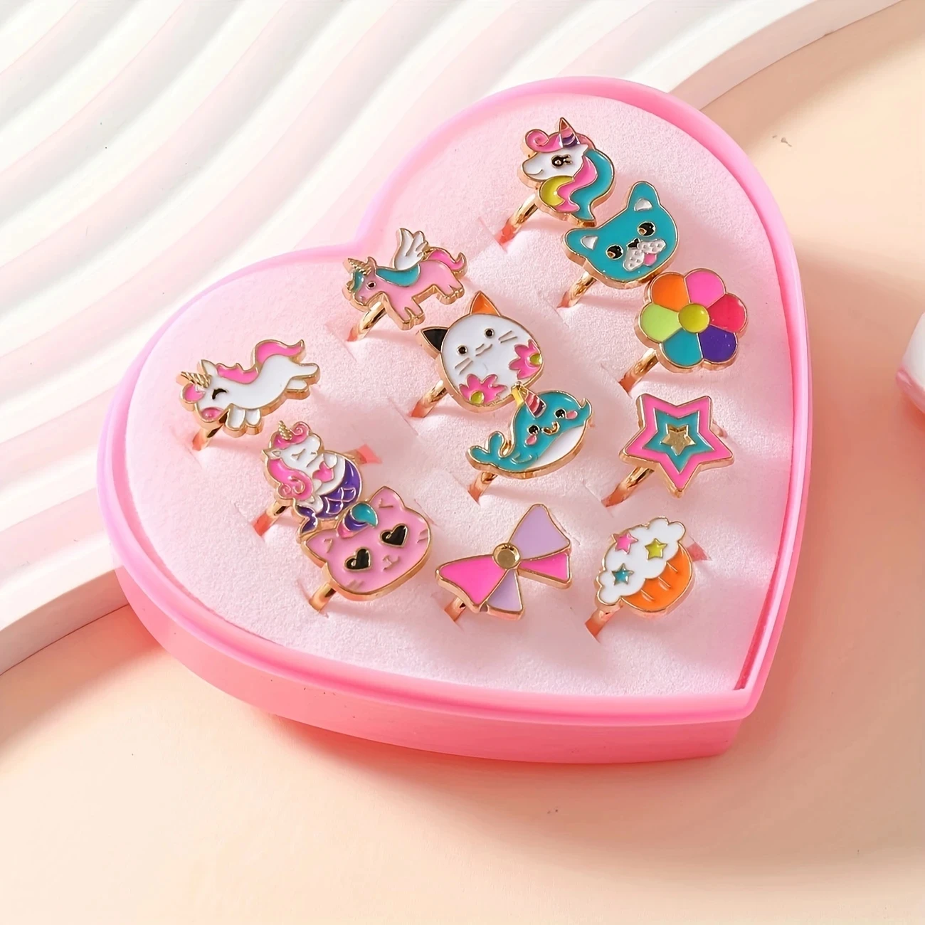 12Pcs Adjustable Open Rings with Colorful Enamel Designs of Narwhals, Cats, Whales, Bows, Cupcakes, Stars, and Floral Patterns; Pink Heart Storage Box; Children's Decorative Jewelry Birthday Party Gift Set