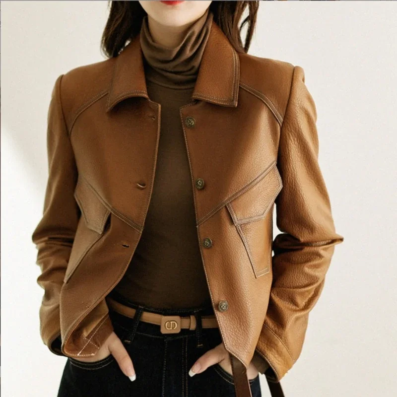 Veste en cuir femme avec col rabattable, simple boutonnage, style court, coupe slim, fine, mode, printemps et automne