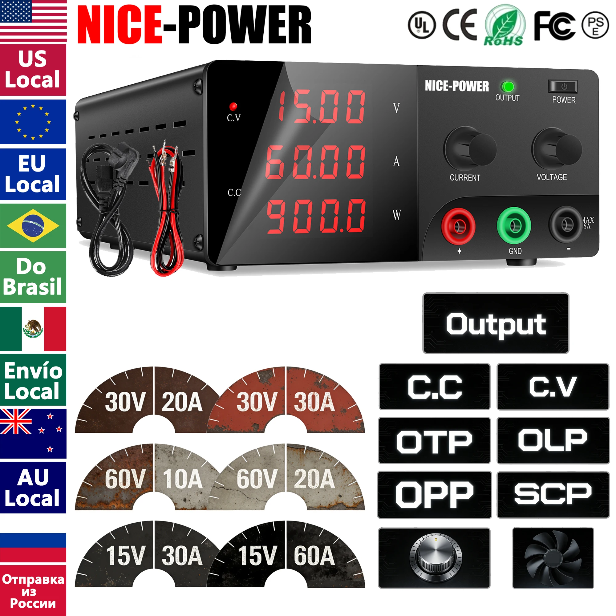 Nice-Power 15V 30V 60V DC Power Supply Variable, 10A 20A 30A 60A High Power Bench Power Supply with Encoder Knob/Output Switch