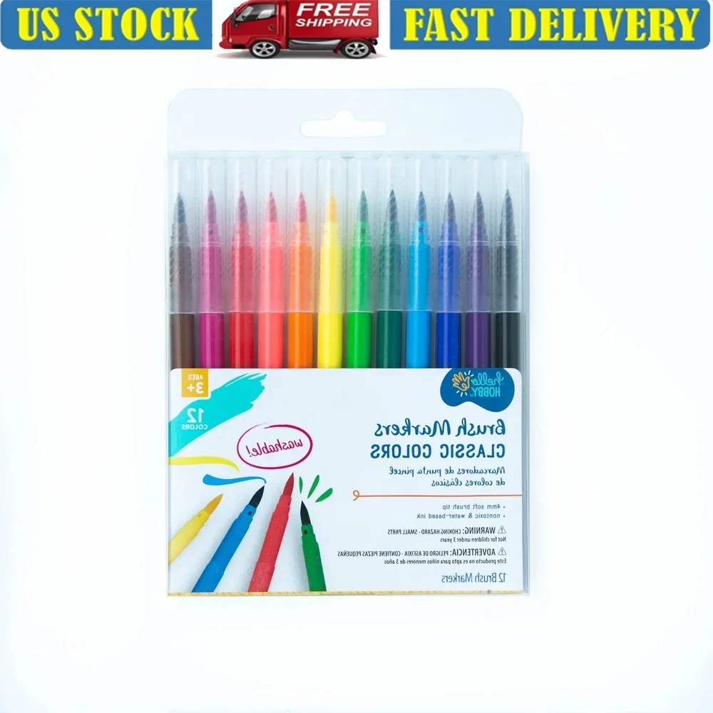 

Brush Markers with Washable Ink Bullet Tip Assorted Classic Colors 12 Pieces