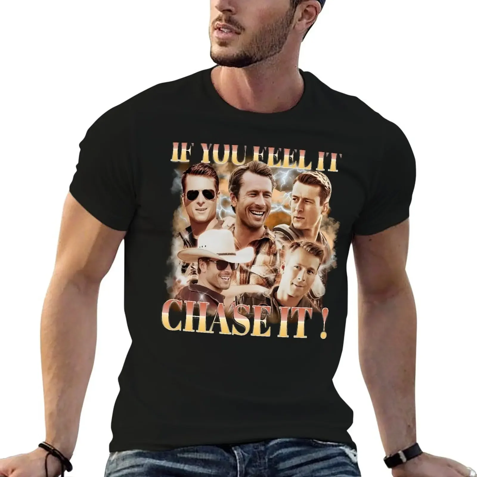 Glen Powell If You Feel It Chase It Retro T-Shirt anime figures cute tops mens plain t shirts