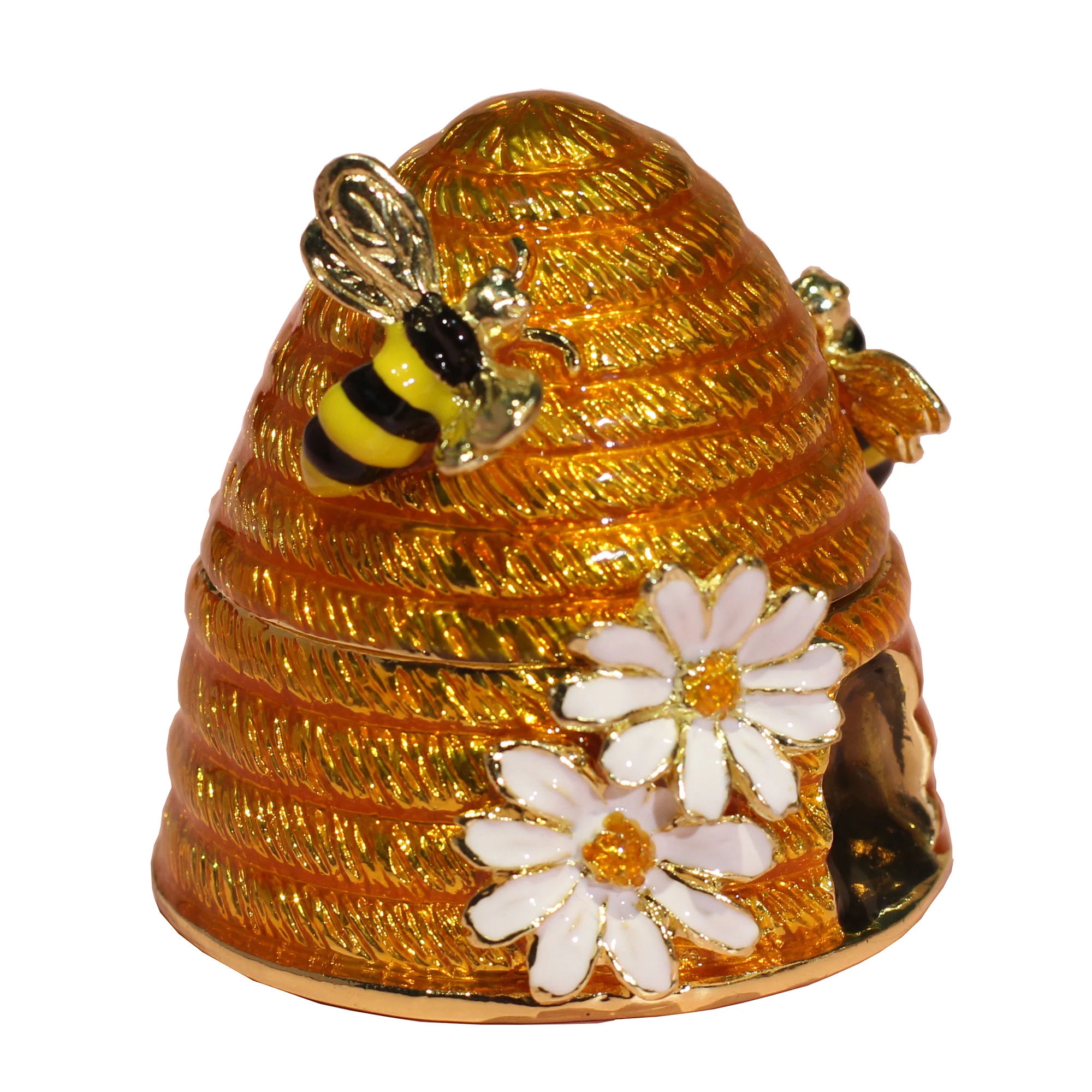 Yellow Honey Bee Hive Bejewled Trinket Box Jewelry Keepsake Pewter Collectible Figurines Novelty Gift