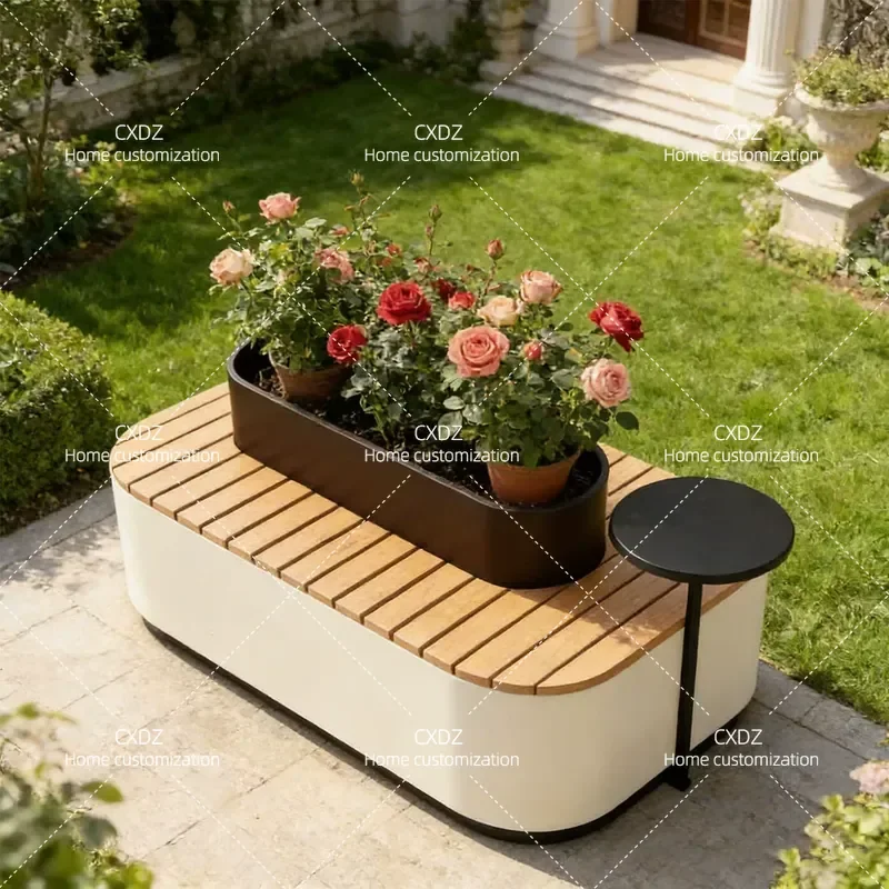 Outdoor Flower Box Bench Integrated Planter Seat for Municipal Square Commercial Street Shopping Mall Leisure Rest Area