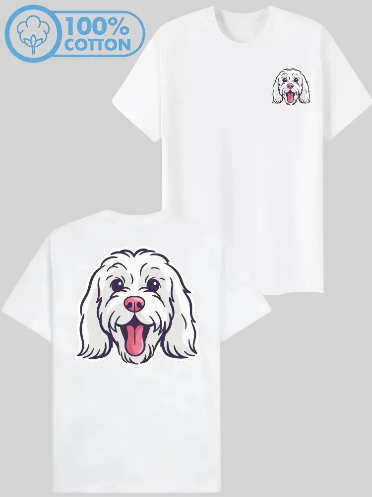 WomenSummer Crew-Neck T-Shirt Featuring A Cute Maltese Dog Design with A Smiling Puppy FaceFashionable Y2K-Style Shirt for Women
