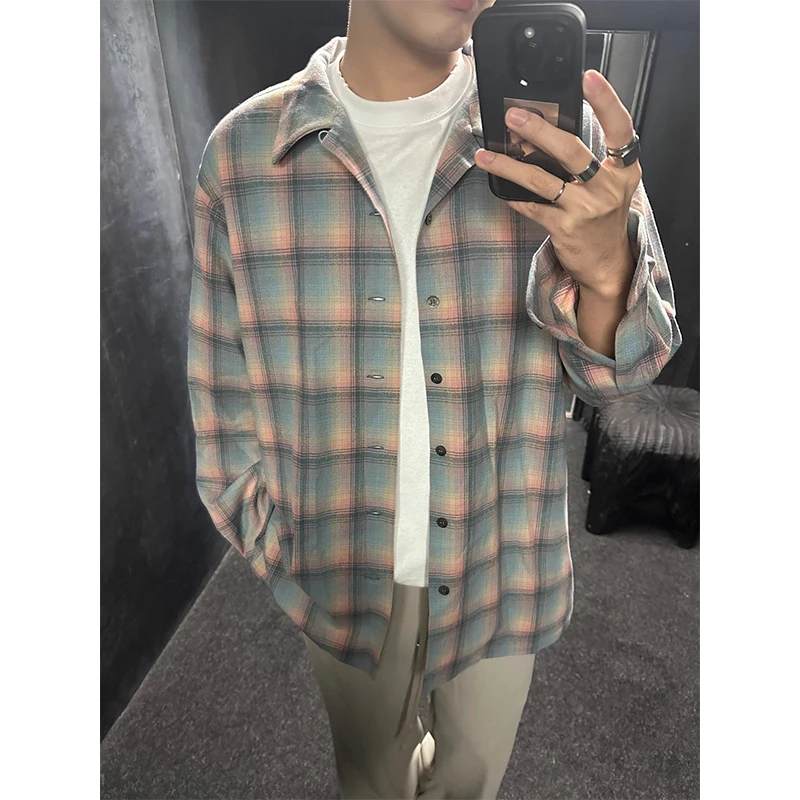 

2024 New Rainbow Plaid Men's irt American Retro Sle Long Sve Loose Fit Spring Faion Casual irt Outerwear