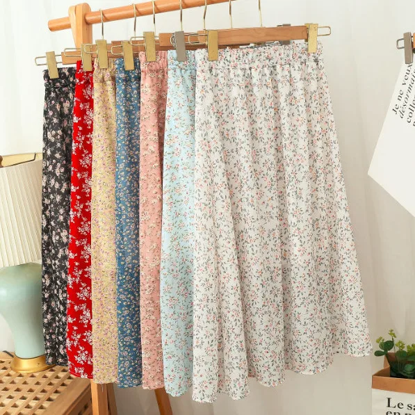 

Floral A-Line Midi Skirt Spring Summer Autumn High Waist Draped Chiffon Half Body Skirt 2023 New Style Women's Fashion Dress